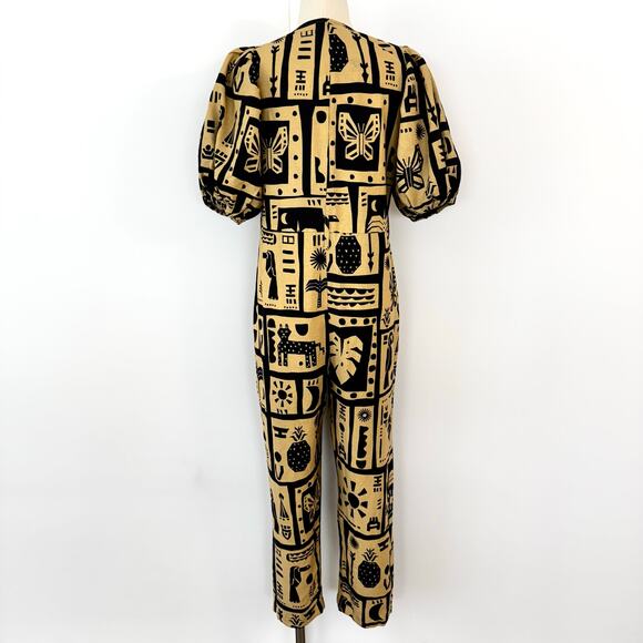 FARM Rio Linen Button-Down Jumpsuit Short Balloon Sleeve Beige/Black S - Picture 9 of 13